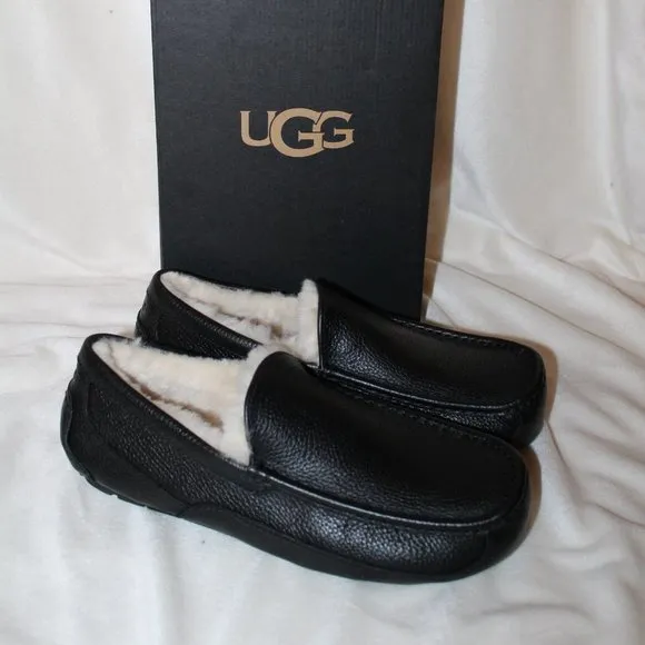 NIB‎ ASCOT MEN'S LEATHER SHEARLING LINED SLIPPERS BLACK