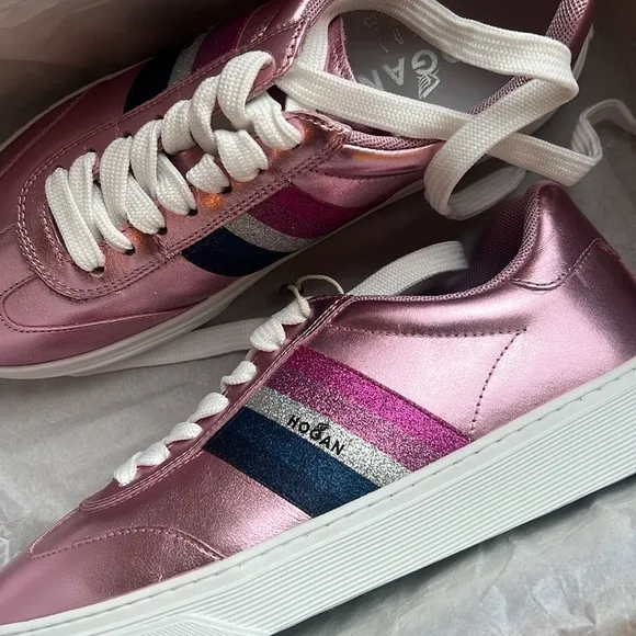 nib HOGAN Glitter Leather Logo Sneakers in Pink size 6.5
