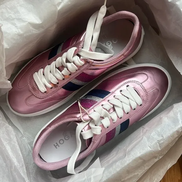 nib HOGAN Glitter Leather Logo Sneakers in Pink size 6.5