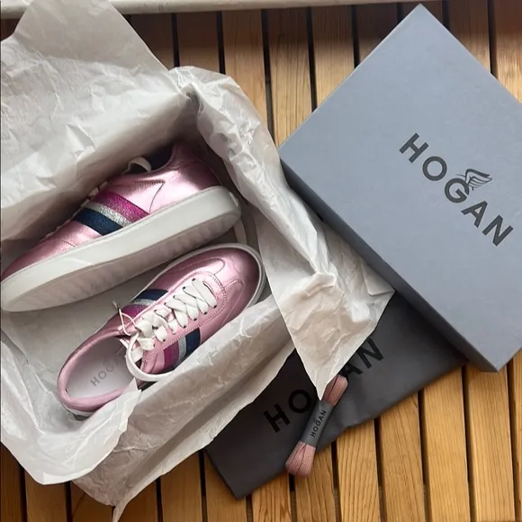 nib HOGAN Glitter Leather Logo Sneakers in Pink size 6.5