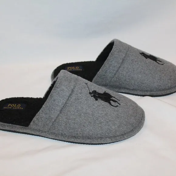 NIB POLO RALPH LAUREN MEN'S‎ FLANNEL SCUFF GRAY BLACK SLIPPERS