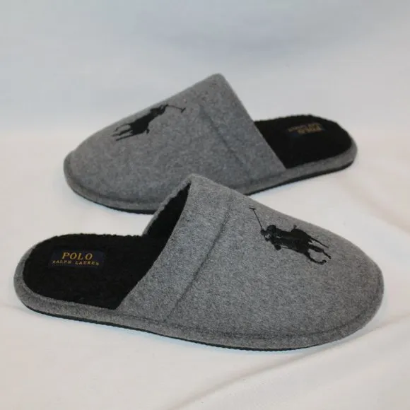 NIB POLO RALPH LAUREN MEN'S‎ FLANNEL SCUFF GRAY BLACK SLIPPERS