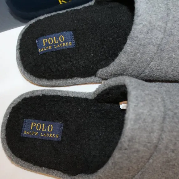 NIB POLO RALPH LAUREN MEN'S‎ FLANNEL SCUFF GRAY BLACK SLIPPERS
