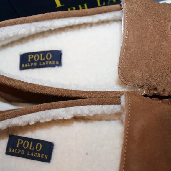 NIB POLO RALPH LAUREN MEN'S SUEDE FUR LINED BEAR BROWN SLIP ON SLIPPERS