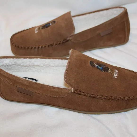 NIB POLO RALPH LAUREN MEN'S SUEDE FUR LINED BEAR BROWN SLIP ON SLIPPERS