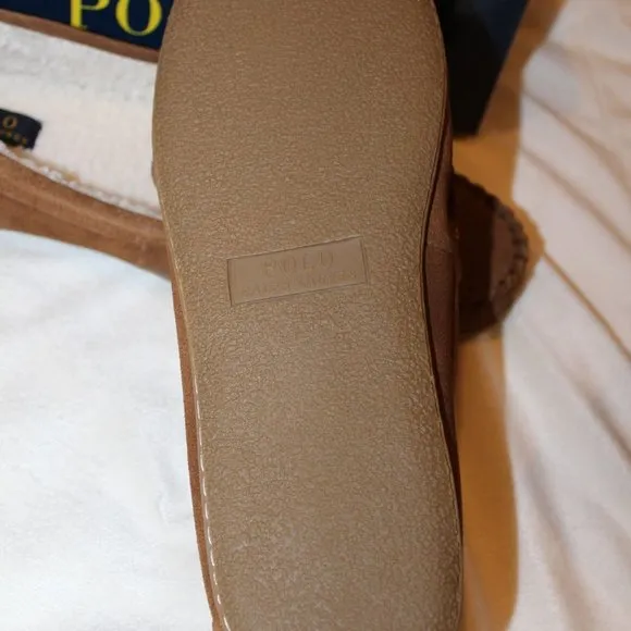 NIB POLO RALPH LAUREN MEN'S SUEDE FUR LINED BEAR BROWN SLIP ON SLIPPERS