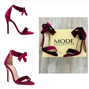 NIB Red Velvet Open Toe Ankle Bow Strap Stiletto Sandal  Holiday Pumps