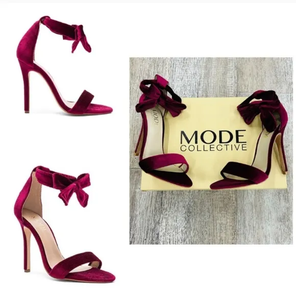 NIB Red Velvet Open Toe Ankle Bow Strap Stiletto Sandal  Holiday Pumps