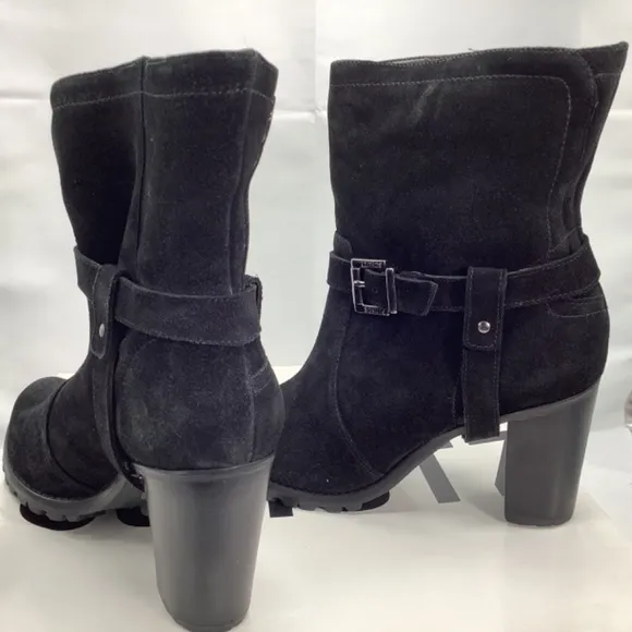 Nib Schulz Black Leather Suede Mid-Heel Lug Bootie Size 9B