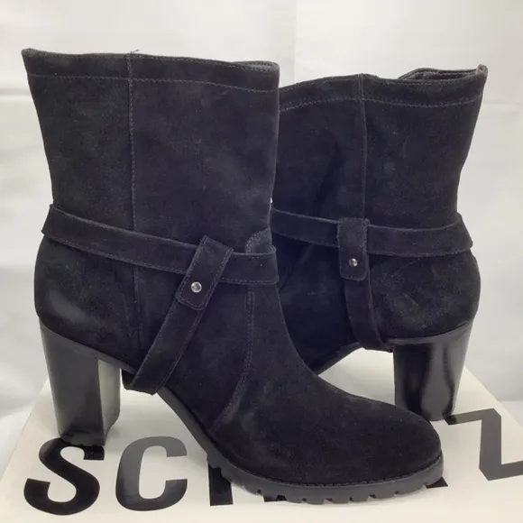 Nib Schulz Black Leather Suede Mid-Heel Lug Bootie Size 9B