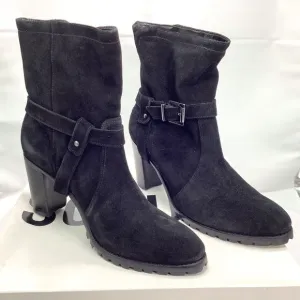 Nib Schulz Black Leather Suede Mid-Heel Lug Bootie Size 9B