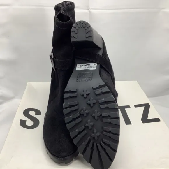 Nib Schulz Black Leather Suede Mid-Heel Lug Bootie Size 9B