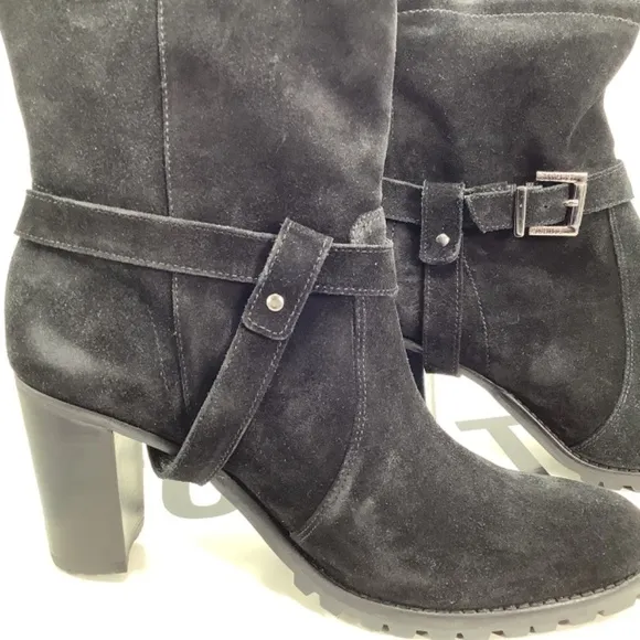 Nib Schulz Black Leather Suede Mid-Heel Lug Bootie Size 9B