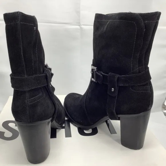Nib Schulz Black Leather Suede Mid-Heel Lug Bootie Size 9B