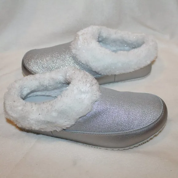 NIB SOREL WOMEN'S‎ METALLIS SILVER SLIP ON FUR SLIPPERS