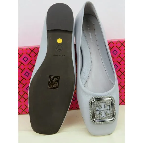 NIB TORY BURCH GEORGIA BAY GRAY GOAT LEATHER LOGO GRYSTALS REVA FLATS 11