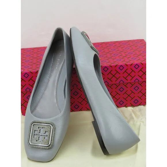 NIB TORY BURCH GEORGIA BAY GRAY GOAT LEATHER LOGO GRYSTALS REVA FLATS 11