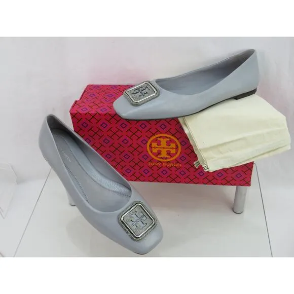 NIB TORY BURCH GEORGIA BAY GRAY GOAT LEATHER LOGO GRYSTALS REVA FLATS 11
