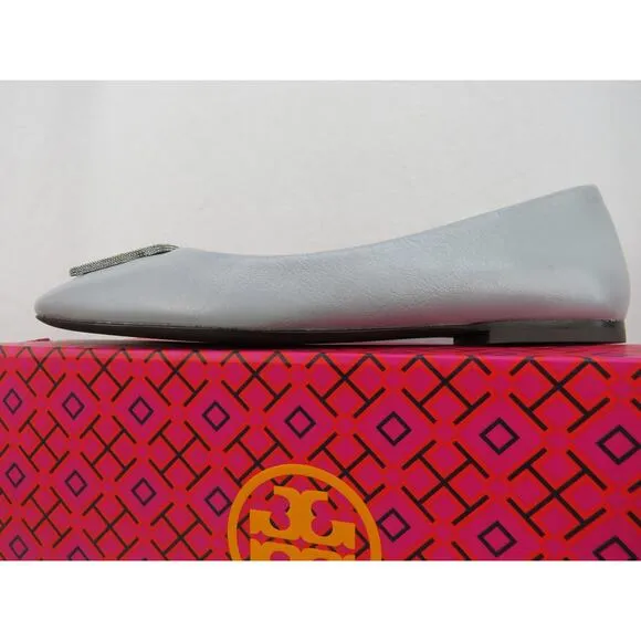 NIB TORY BURCH GEORGIA BAY GRAY GOAT LEATHER LOGO GRYSTALS REVA FLATS 11