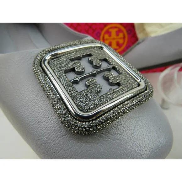 NIB TORY BURCH GEORGIA BAY GRAY GOAT LEATHER LOGO GRYSTALS REVA FLATS 11