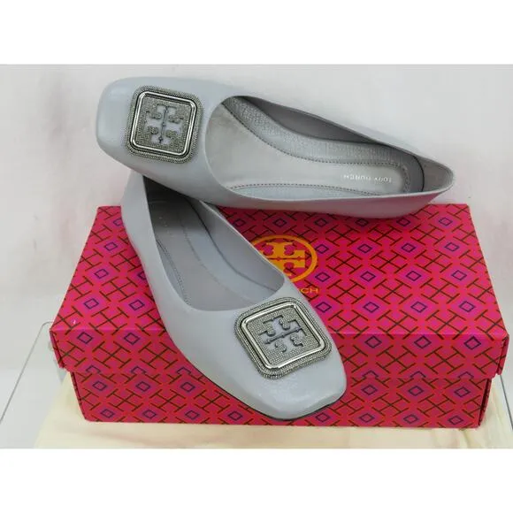 NIB TORY BURCH GEORGIA BAY GRAY GOAT LEATHER LOGO GRYSTALS REVA FLATS 11