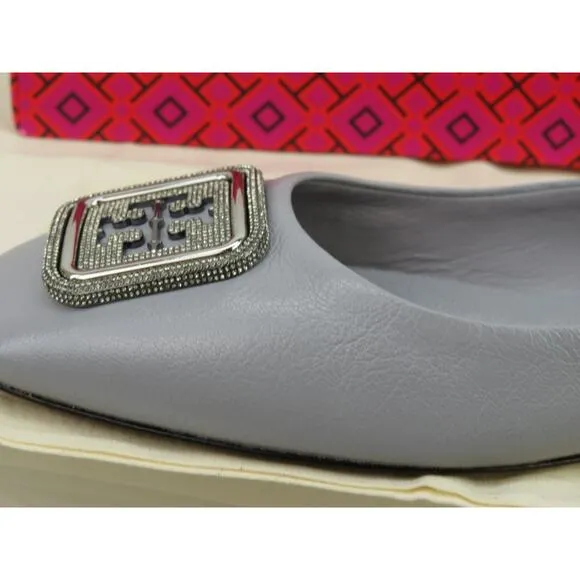 NIB TORY BURCH GEORGIA BAY GRAY GOAT LEATHER LOGO GRYSTALS REVA FLATS 11