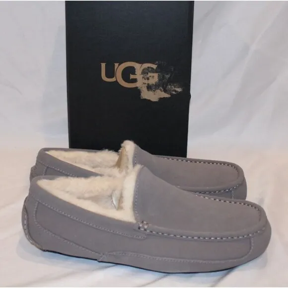 NIB UGG Mens ASCOT Suede Shearling Lined Slip On Moccasin Slippers GRAY 9