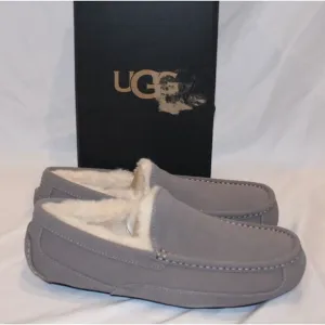 NIB UGG Mens ASCOT Suede Shearling Lined Slip On Moccasin Slippers GRAY 9