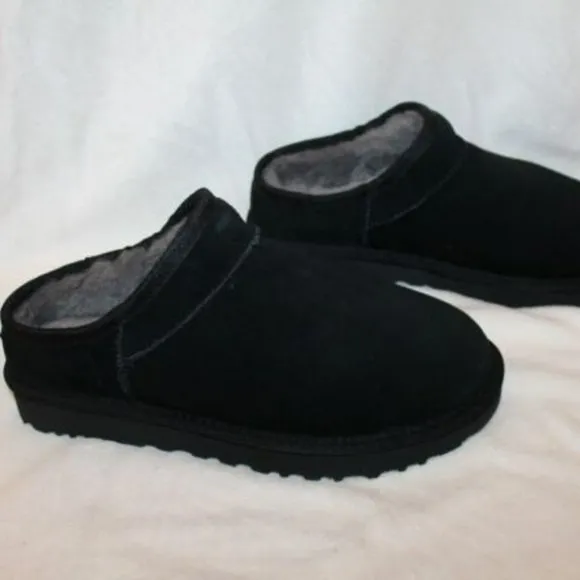 NIB UGG WOMEN'S CLASSIC‎ SUEDE SHEARLING LINED SLIPPERS BLACK