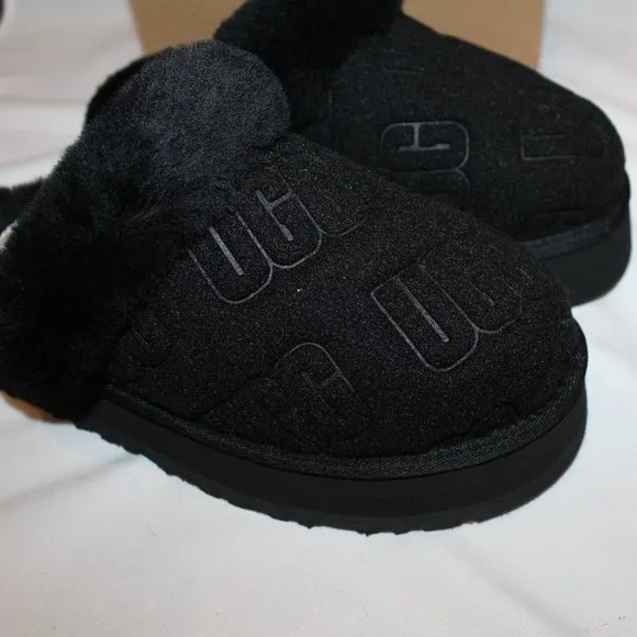 NIB UGG WOMEN'S‎ DISQUETTE FELT SHEARLING LINED SLIPPERS BLACK