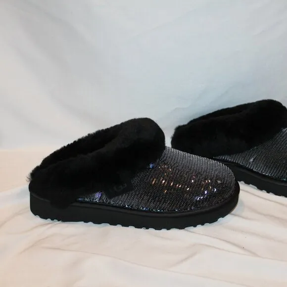 NIB UGG WOMEN'S SEQUIN BLACK‎ CLUGGETTE SHEARLING LINED SLIPPERS