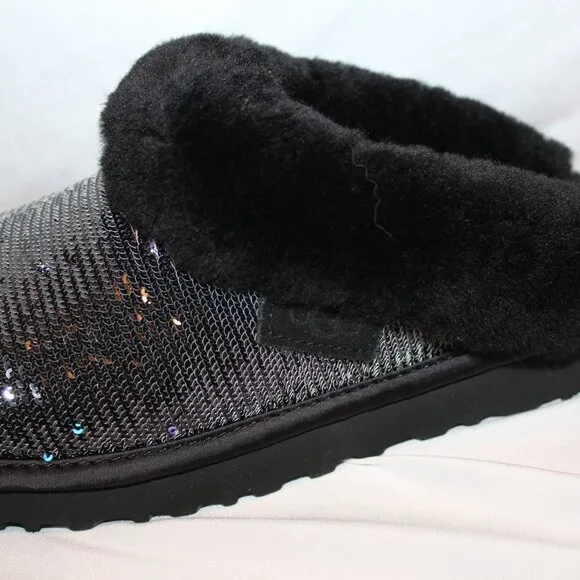 NIB UGG WOMEN'S SEQUIN BLACK‎ CLUGGETTE SHEARLING LINED SLIPPERS
