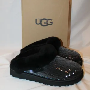 NIB UGG WOMEN'S SEQUIN BLACK‎ CLUGGETTE SHEARLING LINED SLIPPERS