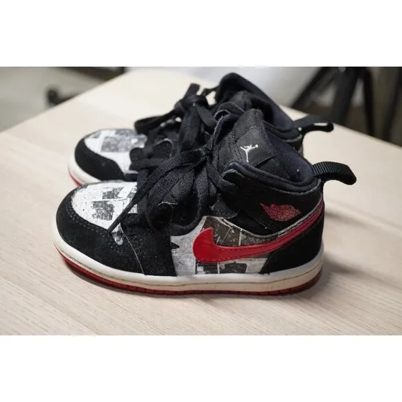 Nike Air Jordan 1 Mid SE Kids Size 7C BQ6933 061 Black Gym Red White Newspaper