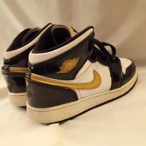 Nike Boy's Air Jordan 1 Mid Patent Black White Gold Sneakers Shoes Size 7Y