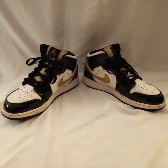 Nike Boy's Air Jordan 1 Mid Patent Black White Gold Sneakers Shoes Size 7Y