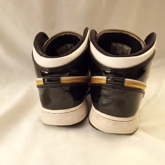 Nike Boy's Air Jordan 1 Mid Patent Black White Gold Sneakers Shoes Size 7Y
