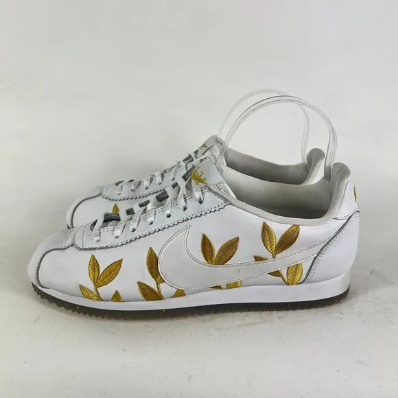 Nike Cortez CE Sneaker Women 9.5 White Gold Leaves Leather Lace Up Low Top Shoes