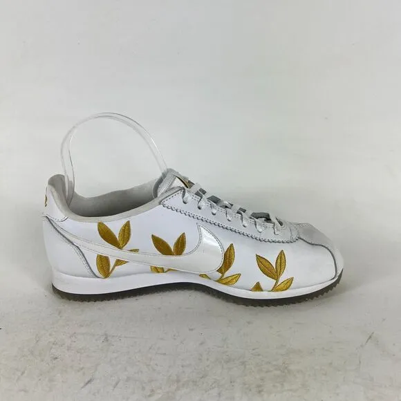 Nike Cortez CE Sneaker Women 9.5 White Gold Leaves Leather Lace Up Low Top Shoes