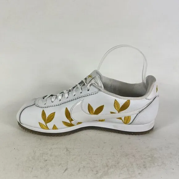 Nike Cortez CE Sneaker Women 9.5 White Gold Leaves Leather Lace Up Low Top Shoes