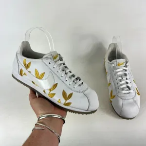 Nike Cortez CE Sneaker Women 9.5 White Gold Leaves Leather Lace Up Low Top Shoes