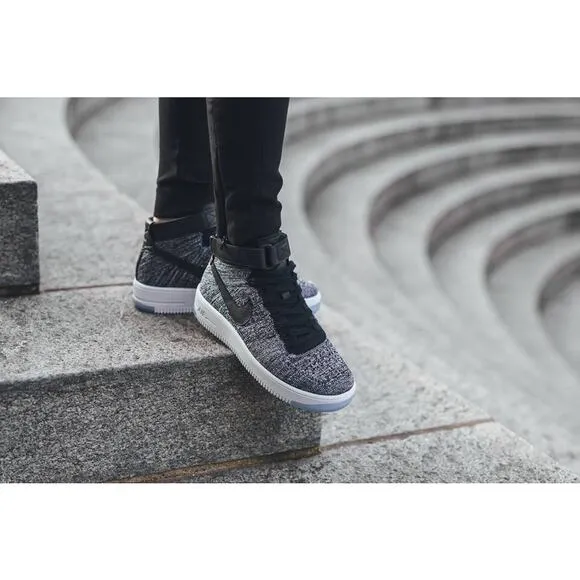 Nike Womens Size 6.5 Black/White Oroe Air Force 1 Mid Flyknit Sneaker Shoes Lace