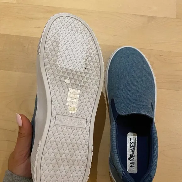 𝅺nine West &quot;Dally&quot; Blue Slip On Platform Sneaker Shoes Casual Women Sz 5.5