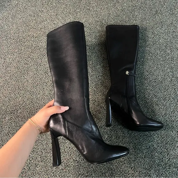 NINE WEST Black Shiny Patent Leather Thin Block Heeled Tall Knee-length Boot 7.5