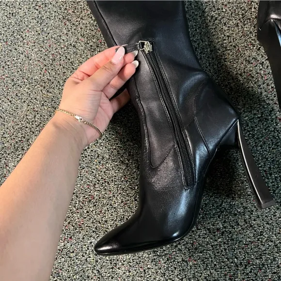 NINE WEST Black Shiny Patent Leather Thin Block Heeled Tall Knee-length Boot 7.5