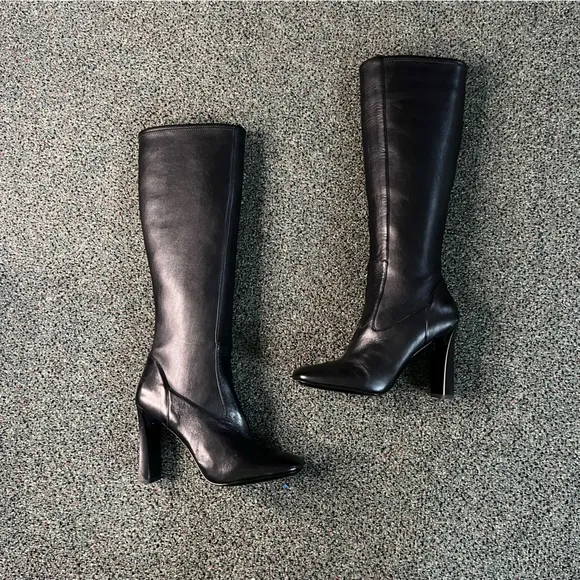 NINE WEST Black Shiny Patent Leather Thin Block Heeled Tall Knee-length Boot 7.5