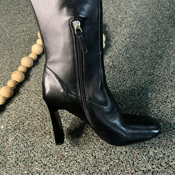 NINE WEST Black Shiny Patent Leather Thin Block Heeled Tall Knee-length Boot 7.5
