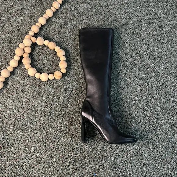 NINE WEST Black Shiny Patent Leather Thin Block Heeled Tall Knee-length Boot 7.5