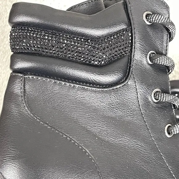NIne West Quona3 Combat Booties Black Lace-up Block Sz 9M Grunge Punk Gothic