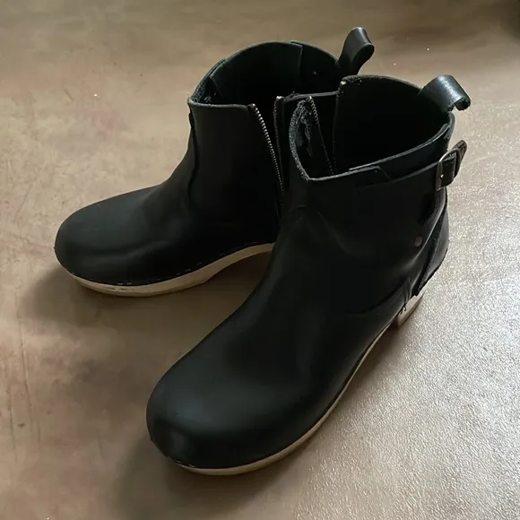 No.6 Leather Clog Buckle Boot 5” Mid Heel in Black